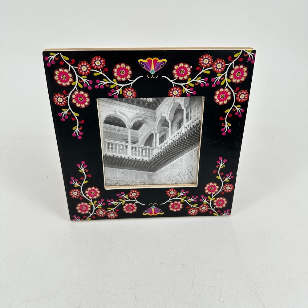 World Market Floral Butterfly Wood Picture Frame Black Pink Folk Art 6.5x6.5